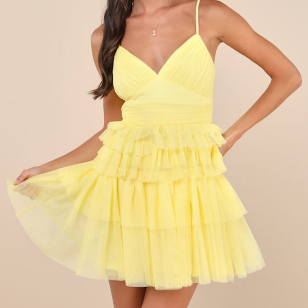 Lulus Special Poise Yellow Tulle Pleated Sleeveless Tiered Mini Dress - Size XXS